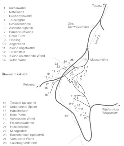 Gebiets�bersicht der Kletterfelsen Lauchagrund